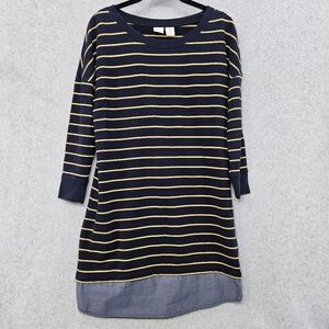 Lucy‎ & Laurel Navy w/ Yellow Stripes 3/4 Sleeve Shirt Dress Women's M